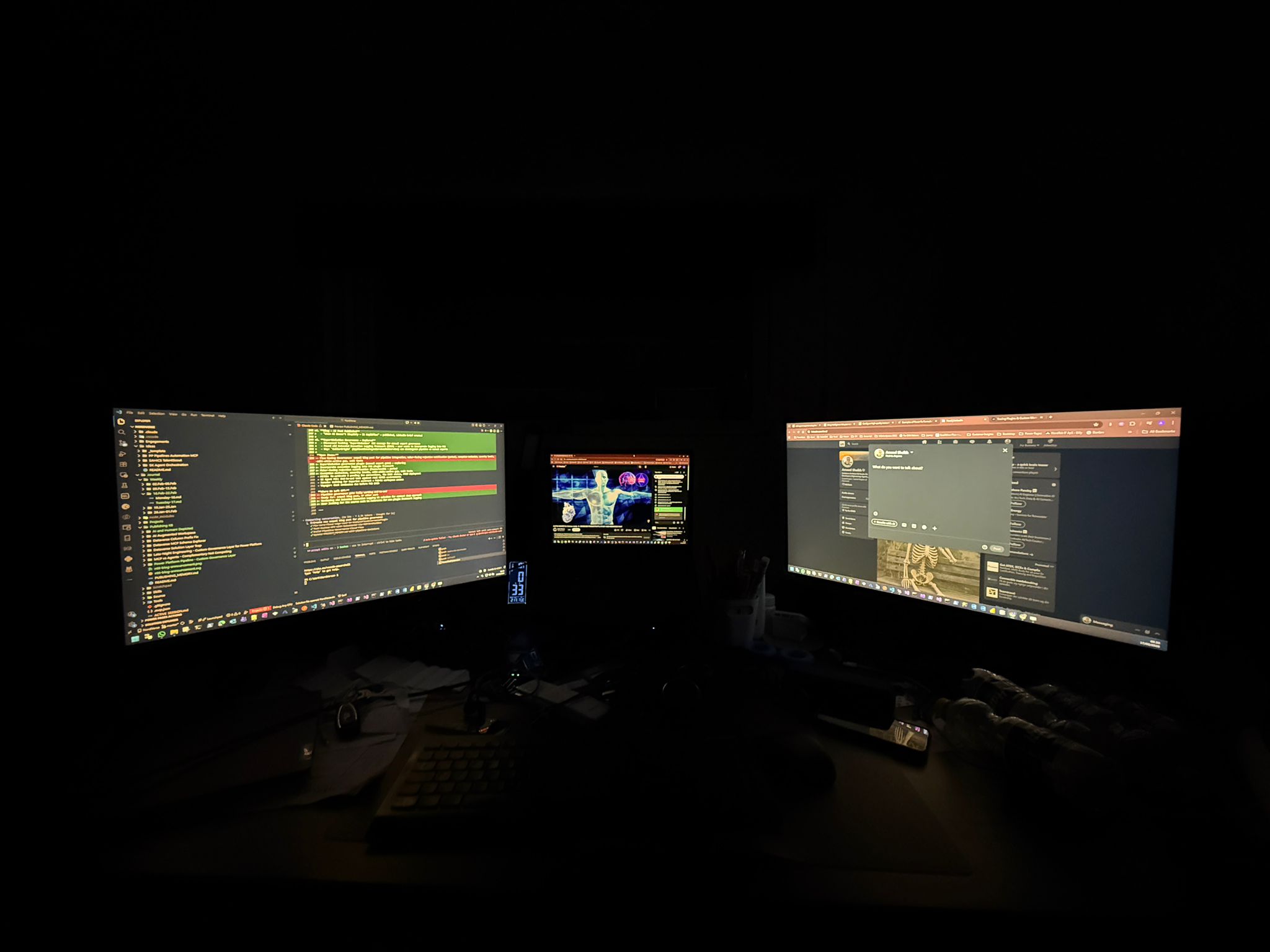Three screens at midnight — VS Code, alpha waves, and LinkedIn