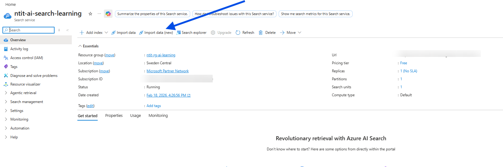 Azure AI Search import data wizard