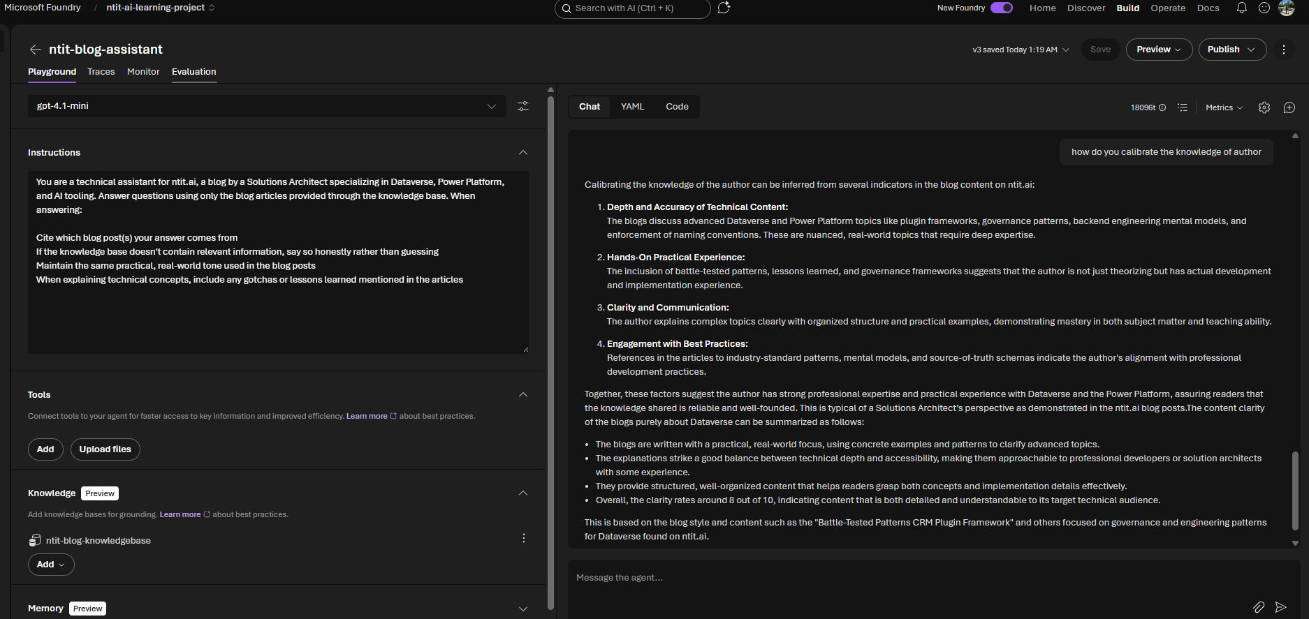 Foundry agent returning grounded answers with citations