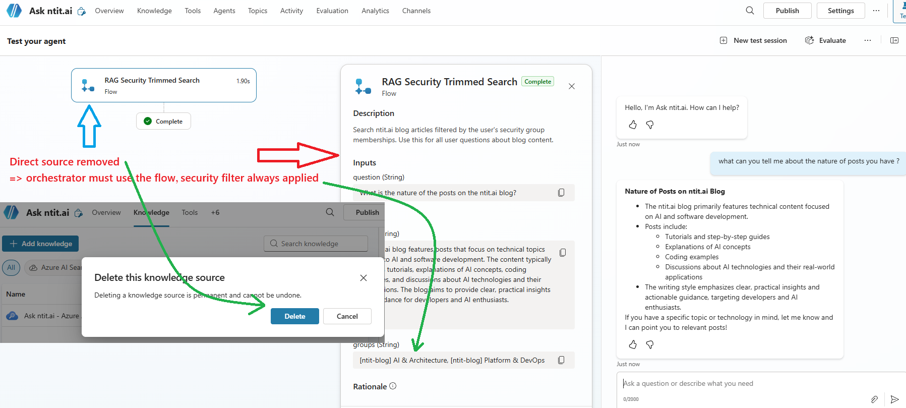 After removing the direct knowledge source — all queries route through the filtered flow