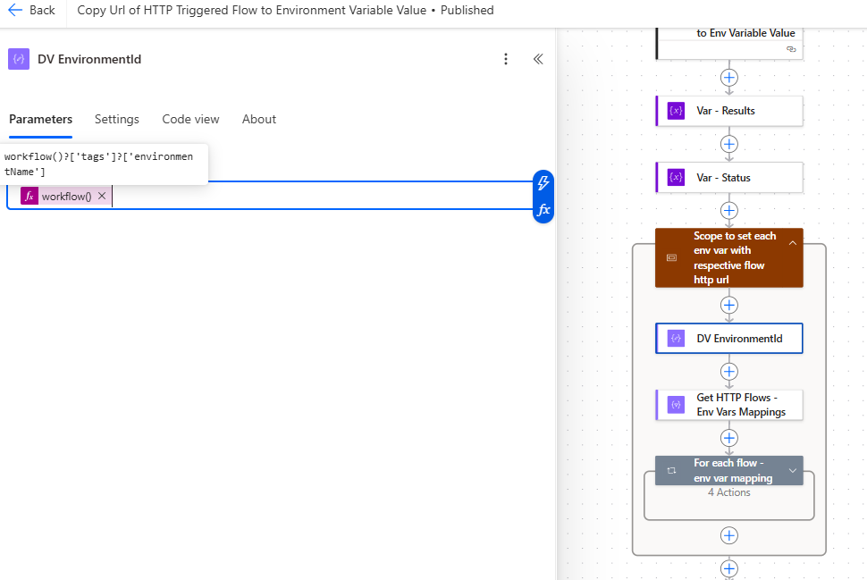 DV EnvironmentId step — extracting environment context using workflow() expression
