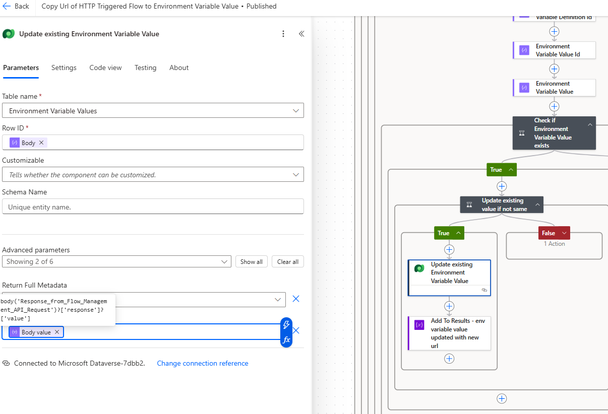 Update existing Environment Variable Value — writing the resolved URL back to Dataverse