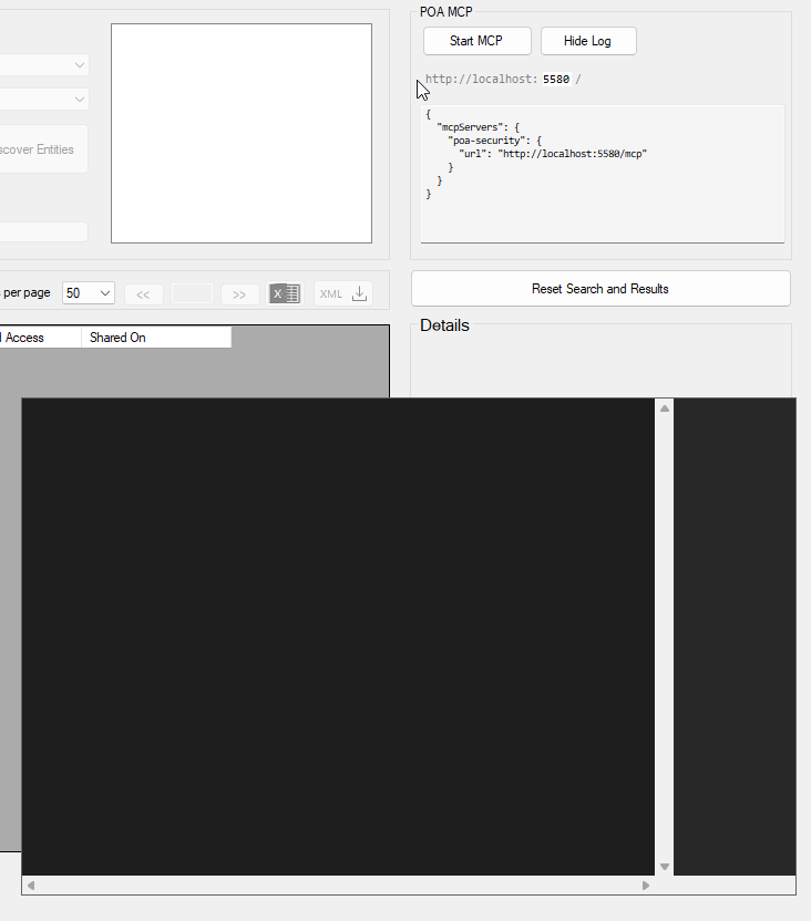 MCP control panel inside the Search POA Landscape plugin — Start/Stop, port 5580, JSON config, log overlay toggle