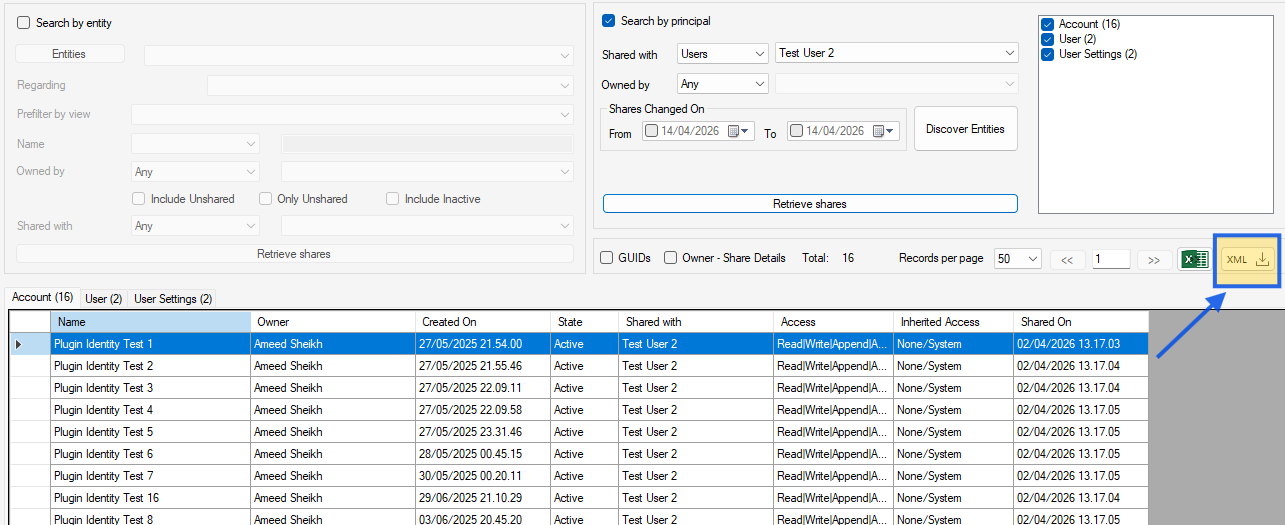 The XML button in the main results toolbar — click after running any search and the plugin saves the exact FetchXML for the query that just ran, with paging attributes stripped, ready to paste into FetchXML Builder